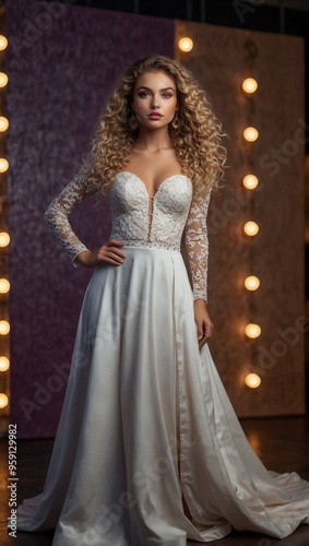 Portrait of a Bride in a White Dress with Long Curly White Hair Posing in Full-Body Against the Backdrop of an Elegant Celebration photo