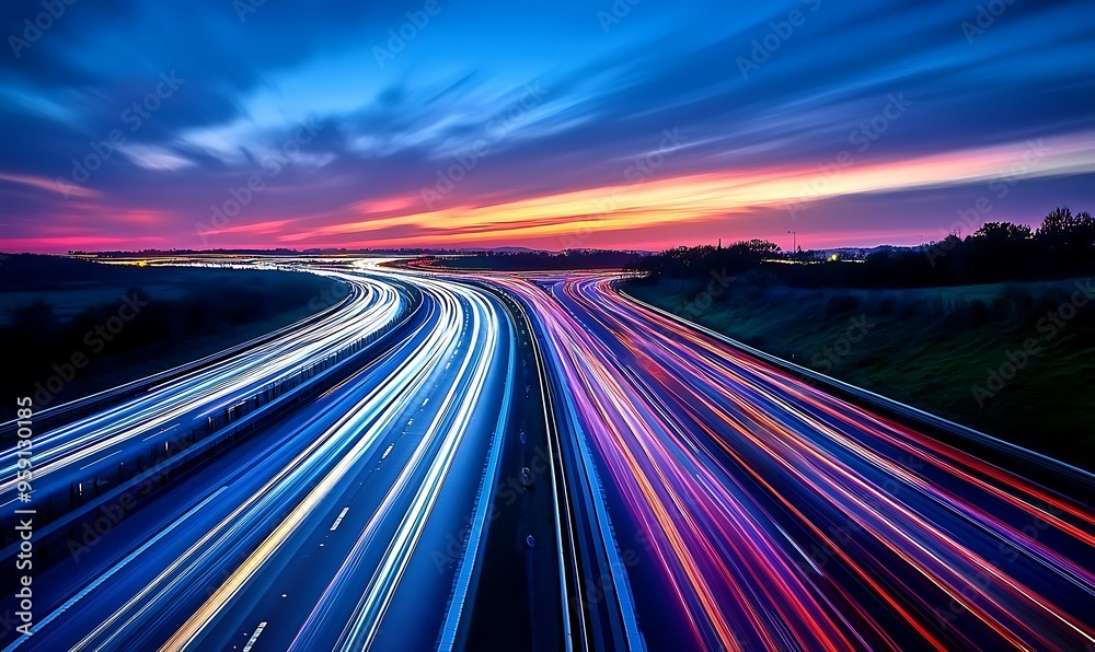 Obraz premium Highway Traffic Light Trails at Sunset