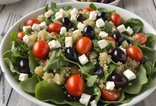 Quinoa salad delight, A quinoa salad with mixed greens, cherry tomatoes, olives, and feta cheese.