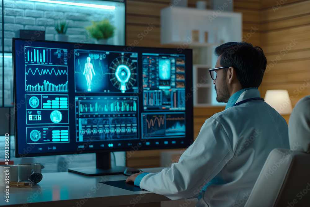 Patient at home having a remote consultation with a doctor via a large, interactive screen. Medical data and health stats are displayed, and the doctor is visible through a high-definition video call. Patient at home having a remote consultation with a doctor via a large, interactive screen. Medical data and health stats are displayed, and the doctor is visible through a high-definition video call.