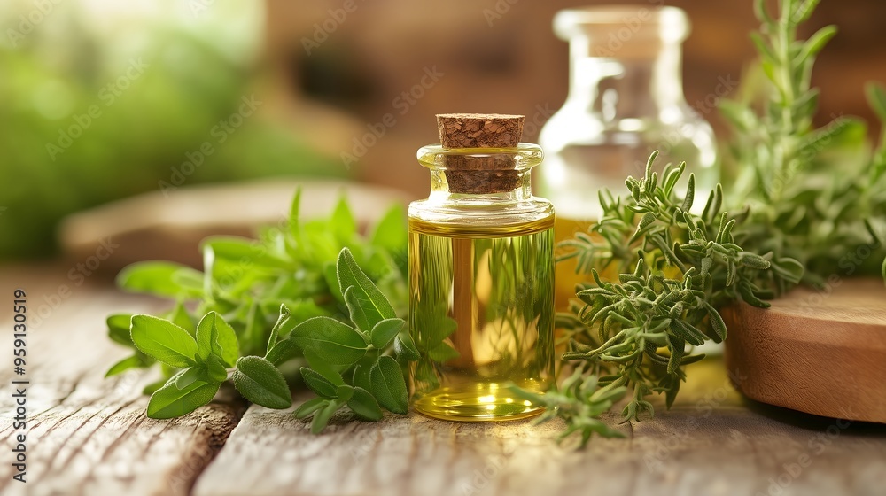 Glass bottle of essential oil with fresh herbs on rustic wooden surface, copy space Glass bottle of essential oil with fresh herbs on rustic wooden surface, copy space