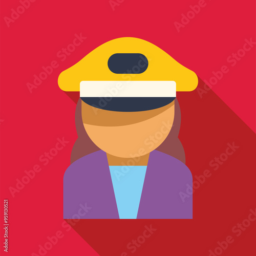 Female ship captain wearing uniform and hat flat design icon with long shadow