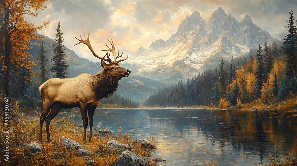 Majestic elk stands by a tranquil mountain lake, surrounded by fall foliage, showcasing the beauty of nature. Majestic elk stands by a tranquil mountain lake, surrounded by fall foliage, showcasing the beauty of nature.