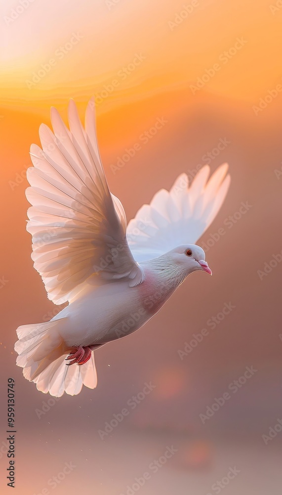Stunning close up of a white dove soaring against a breathtaking sunrise with warm morning hues Stunning close up of a white dove soaring against a breathtaking sunrise with warm morning hues