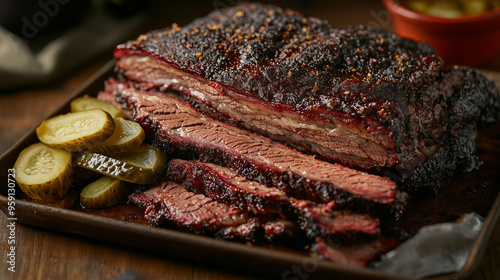 A detail shot of smoked brisket served with a side of pickles on a rustic metal tray, highlighting the marbled texture of the meat and the crispness of the pickles , close-up shot photo