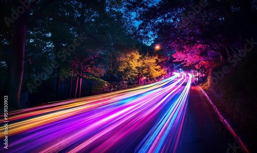 Nighttime Road with Colorful Light Trails and Trees