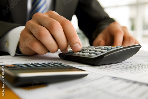 Close-up of a Hand Using a Calculator on a Desk