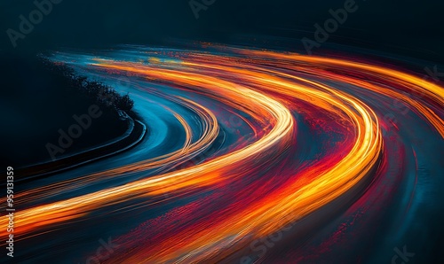 Abstract Light Trails on a Winding Road at Night