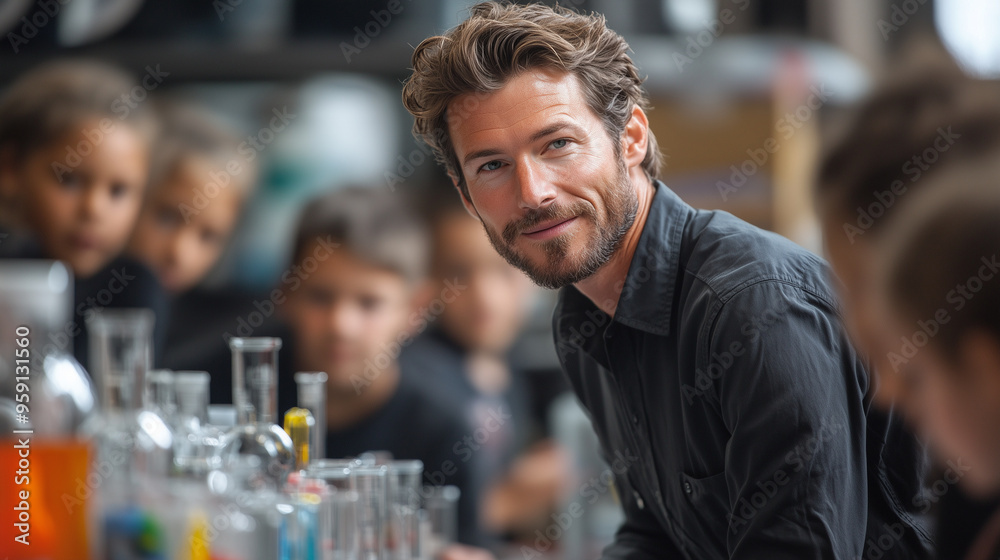 A teacher explaining a science experiment at the front of the classroom, with students eagerly taking notes.