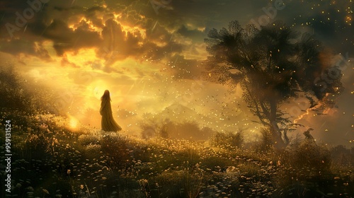 A lone figure stands in a field of wildflowers, bathed in the golden light of a setting sun.  The sky is filled with swirling clouds and a soft rain falls.