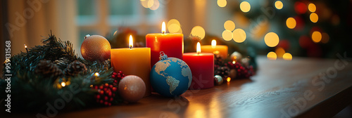 A beautiful display of Christmas candles, festive ornaments, and a globe-shaped decoration symbolize global connection and holiday spirit. The glowing candles set a cozy tone.