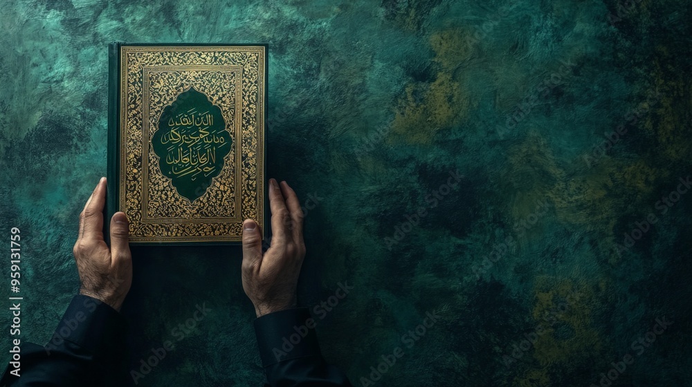 Fototapeta premium Hands holding the quran against a textured green background with intricate gold details