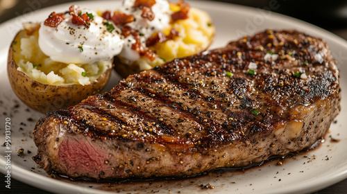 A tight view of the New York strip steak resting on a plate, encrusted with cracked black pepper, with a steaming baked potato split open and garnished with sour cream and bacon bi
