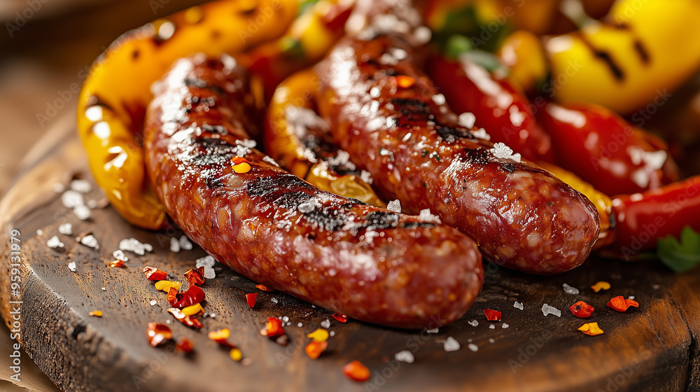 A detail shot of spicy chorizo sausage served on a rustic wooden board, surrounded by grilled peppers, with a scattering of coarse sea salt and chili flakes for added heat , close- A detail shot of spicy chorizo sausage served on a rustic wooden board, surrounded by grilled peppers, with a scattering of coarse sea salt and chili flakes for added heat , close-