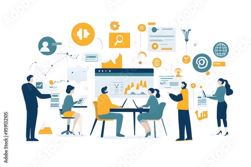 Team of Businesspeople Working on a Digital Project with Charts and Graphs