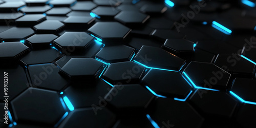 Futuristic web design backdrop with a black, glossy background and glowing, blue hexagonal patterns. The design is sleek and dynamic, perfect for tech-related content or cybersecurity themes.