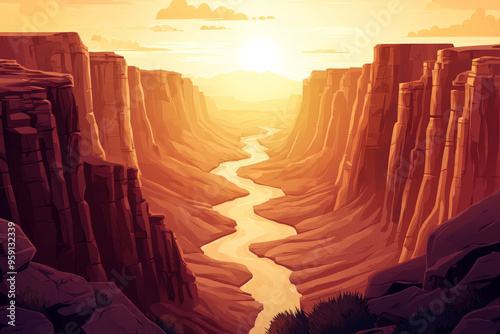 A dynamic cartoon canyon landscape with steep, red rock walls, a winding river at the bottom, and a bright, clear sky. The scene is dramatic and awe-inspiring, with rich, earthy tones and a sense of