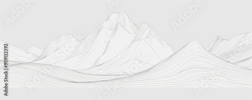 A simple white line drawing of a mountain with peaks and valleys outlined in clean, minimalist lines. The drawing captures the majesty and serenity of the mountains.