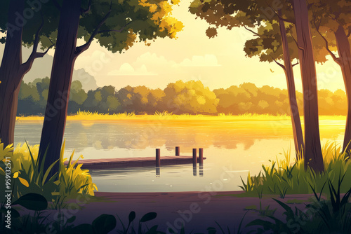 A tranquil cartoon lakeside landscape with tall, shady trees, a calm, reflective surface, and a small wooden pier extending into the water. The scene is peaceful and serene, with a soft sunset glow.