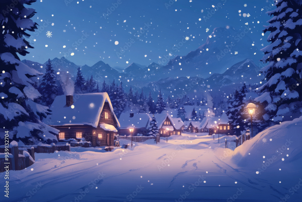 Fototapeta premium A serene cartoon backdrop of a snowy village with cozy cottages, twinkling lights, and snow-covered trees. The sky is a deep blue, and snowflakes gently fall from above.