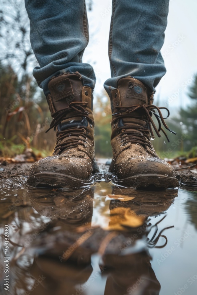 A person standing in a puddle of water, perfect for scenes with rain or flooding A person standing in a puddle of water, perfect for scenes with rain or flooding