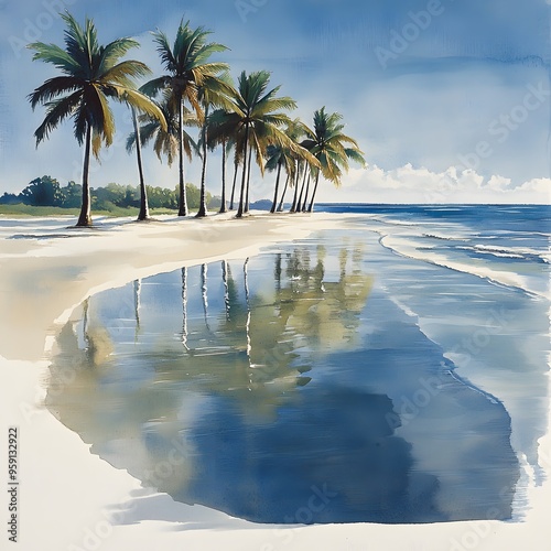 A painting of a beach with palm trees and a blue ocean. The mood of the painting is calm and peaceful