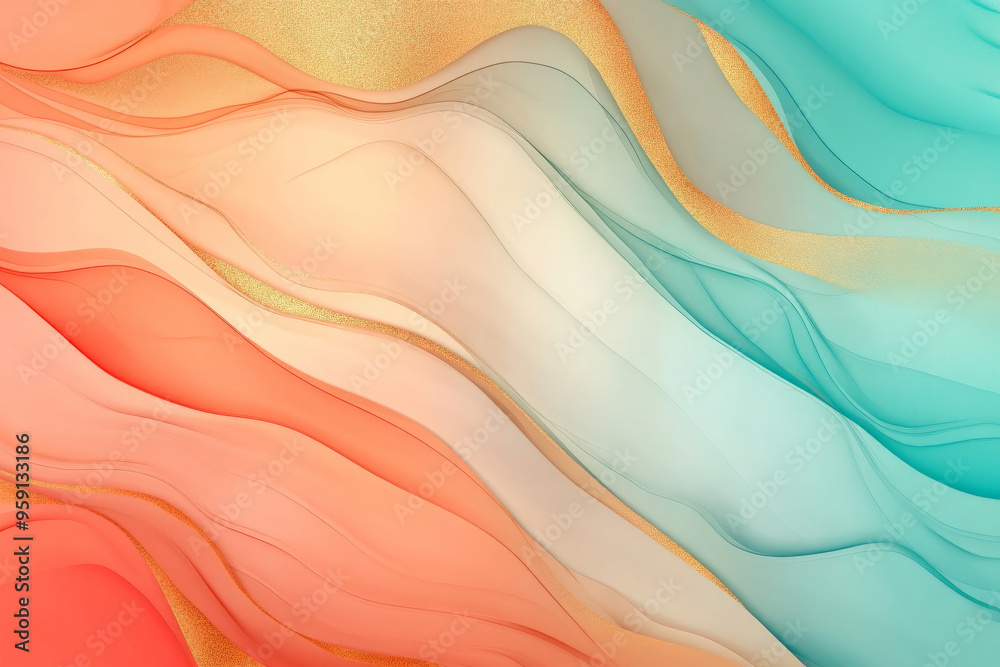 Obraz premium A bright abstract background with smooth gradients in shades of turquoise, coral, and gold. The colors blend seamlessly, creating a soothing yet vibrant effect.