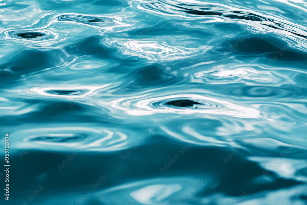 Clear water ripples on a calm surface, reflecting soft sunlight. The ripples are gentle, creating delicate wave patterns in shades of blue and turquoise. The overall mood is serene and peaceful, ideal