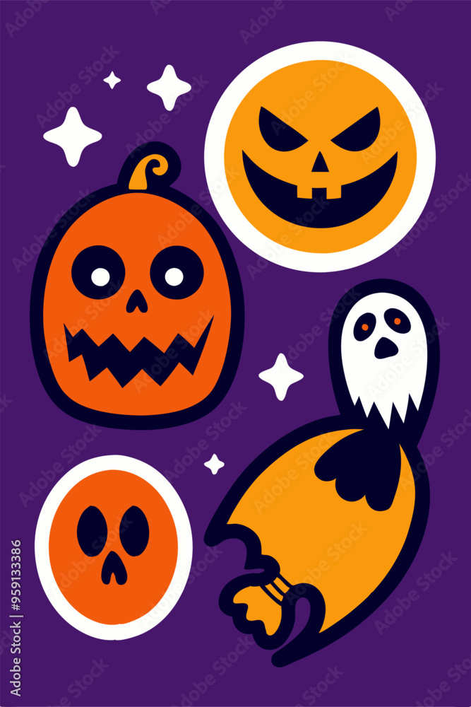 A fun and festive Halloween illustration featuring jack-o'-lanterns, a ghost, and a bat, perfect for adding a touch of spooky whimsy to your designs. A fun and festive Halloween illustration featuring jack-o'-lanterns, a ghost, and a bat, perfect for adding a touch of spooky whimsy to your designs.