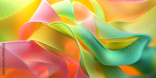 An energetic 3D design featuring vibrant twisted ribbons in neon colors, including green, yellow, and pink. The ribbons flow dynamically, adding a sense of movement and excitement. photo