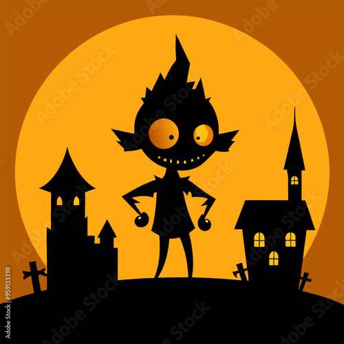  A spooky silhouette of a monster with big eyes and a toothy grin, standing in front of a haunted house. This Halloween illustration is perfect for adding a touch of fright to your designs.