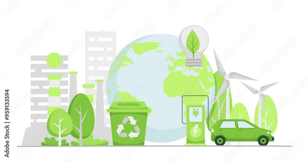 Sustainable lifestyle. Moving banner with alternative sources of electricity, green energy and electric car. Solar panels and windmills. Caring for nature and environment. Flat animated graphics