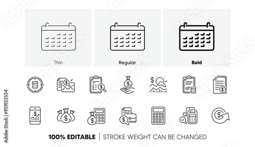 Report, Calculator and Checklist. Accounting line icons. Money linear icon set. Line icons set. Vector