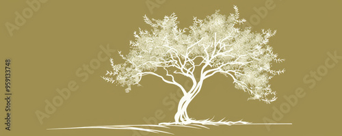 A simple white line drawing on an olive background of a tree with spreading branches. The earthy color emphasizes the strength and resilience of the natural world. photo