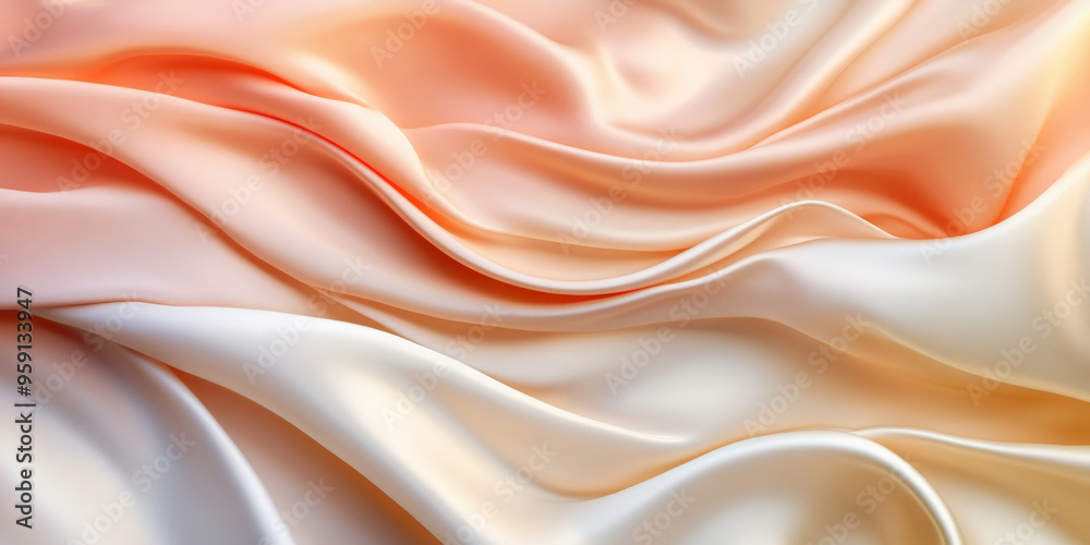Fototapeta premium A chic abstract background featuring 3D wave gradients of silk fabric in soft shades of peach and cream. The fabricâ€™s gentle folds add a touch of elegance and warmth.