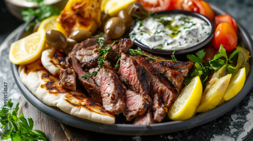 A close-up view of a lamb gyro platter, with the pita bread cut into wedges, lamb slices drizzled with tzatziki, and a side of lemon wedges and olives for a Mediterranean touch , c A close-up view of a lamb gyro platter, with the pita bread cut into wedges, lamb slices drizzled with tzatziki, and a side of lemon wedges and olives for a Mediterranean touch , c