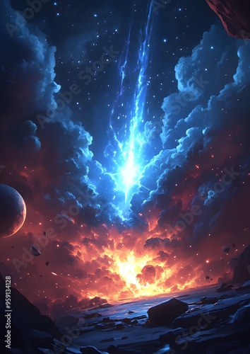A colorful space scene with a bright blue comet shooting through a cloud of red and blue. The sky is filled with stars and planets, and the comet is the main focus of the image. Scene is one of wonder