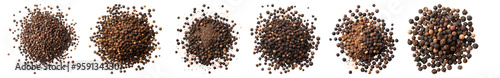 Peppercorns powder isolated on transparent background, set of