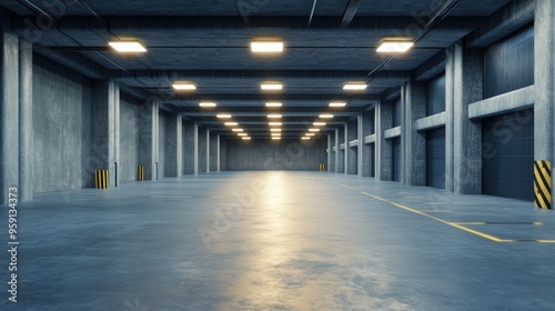 A large empty warehouse with yellow and blue stripes on the floor, AI