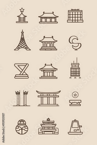 A collection of Asian architecture icons, useful for various projects and designs