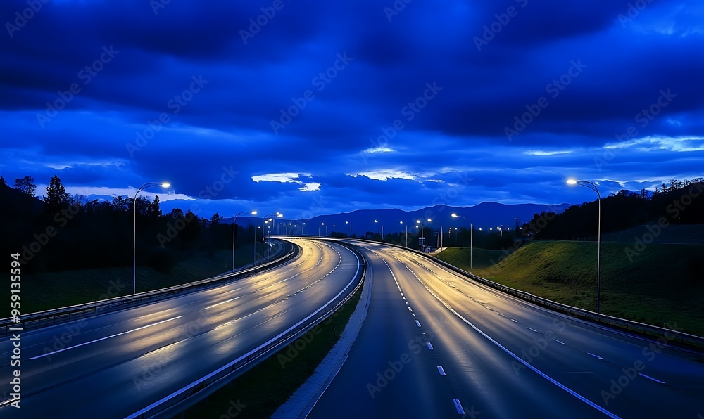 Empty Highway at Night with Mountains in the Background Empty Highway at Night with Mountains in the Background