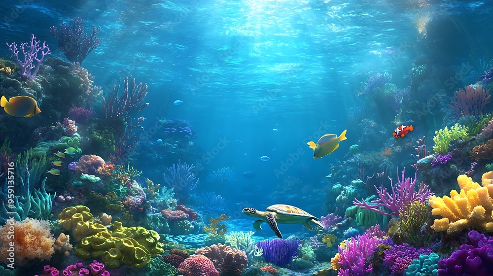 Fototapeta premium Crystal-Clear Waters Reveal Array of Coral Formations and Marine Life