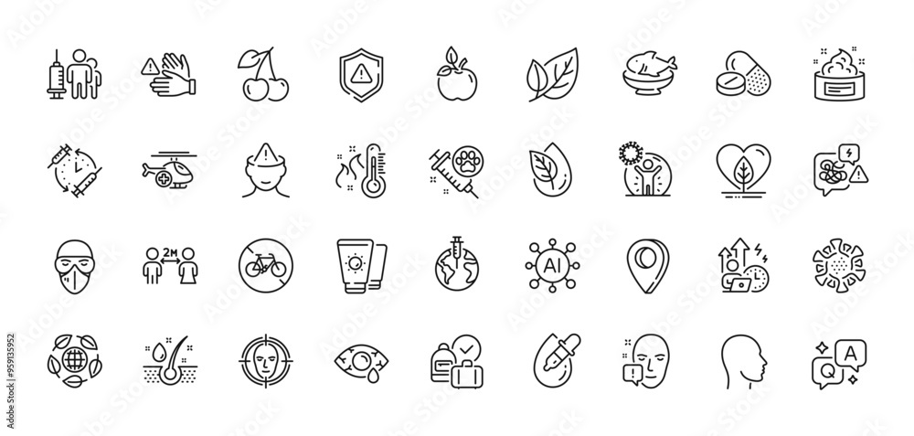 Bicycle prohibited, Medical mask and Sunscreen line icons pack. AI, Question and Answer, Map pin icons. Mental health, Cherry, Vaccination schedule web icon. Vector Bicycle prohibited, Medical mask and Sunscreen line icons pack. AI, Question and Answer, Map pin icons. Mental health, Cherry, Vaccination schedule web icon. Vector