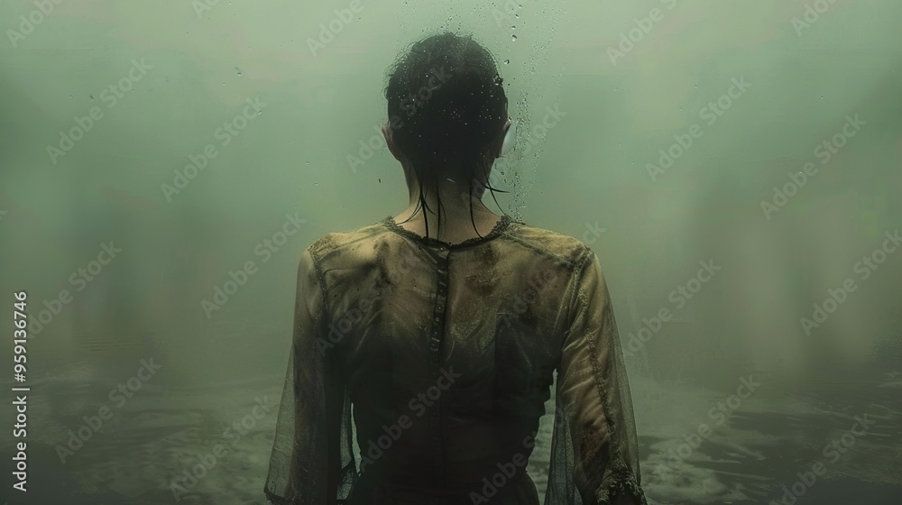 A woman in a sheer dress stands in a misty, green water, with bubbles rising around her. A woman in a sheer dress stands in a misty, green water, with bubbles rising around her.