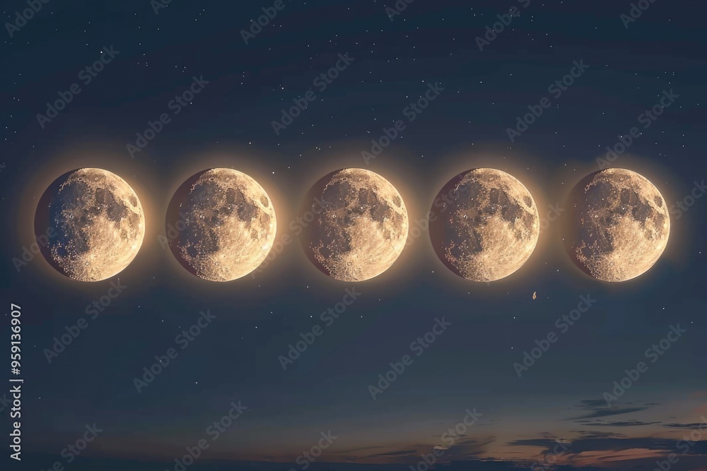 A clear view of the lunar cycle in the night sky with eight distinct phases A clear view of the lunar cycle in the night sky with eight distinct phases