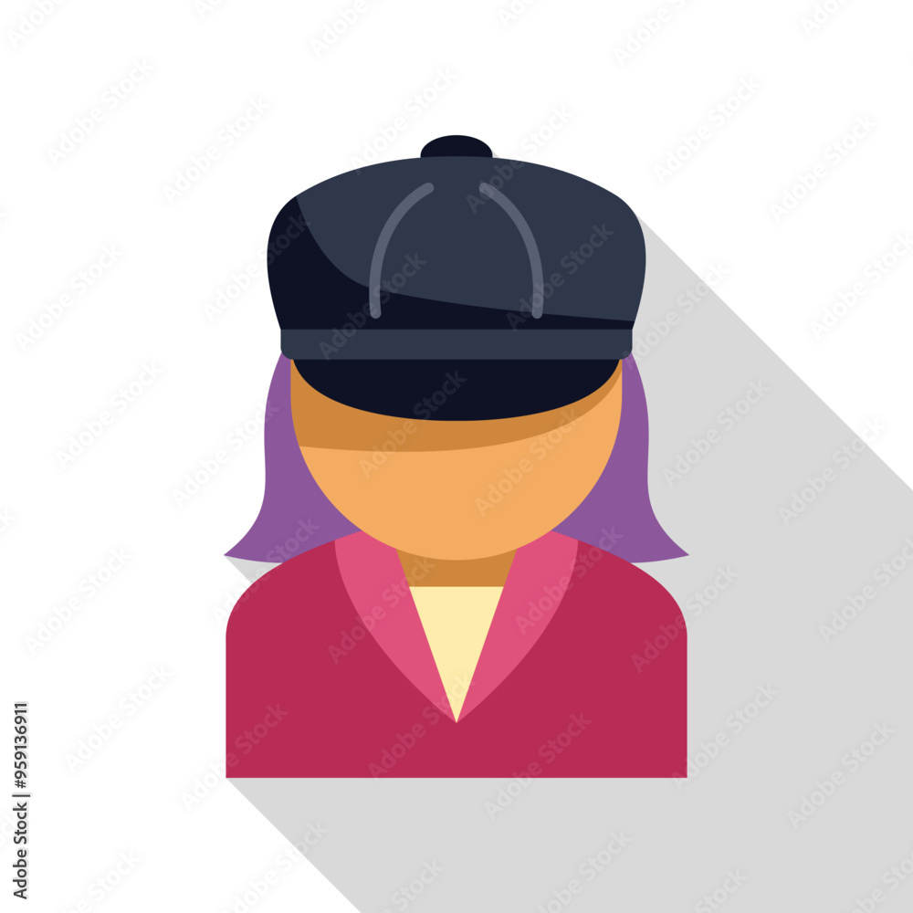 Minimalist vector illustration of a young woman with purple hair wearing a black cap and a pink jacket, in flat design style Minimalist vector illustration of a young woman with purple hair wearing a black cap and a pink jacket, in flat design style