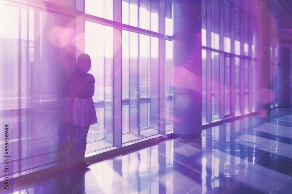 A person standing in front of a large window, possibly looking out or thinking A person standing in front of a large window, possibly looking out or thinking