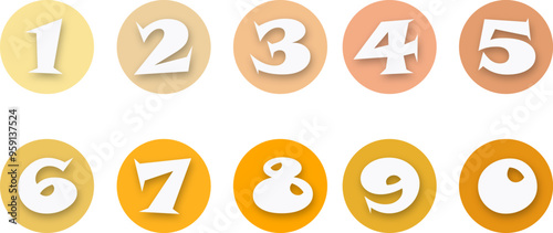 Numbers with shadow on yellow and orange colored circles. Set of numbers 0 to 9. Each isolated on white background.