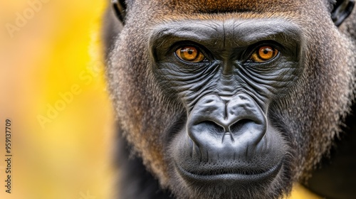 A gorilla with a yellow face and brown eyes staring at the camera, AI