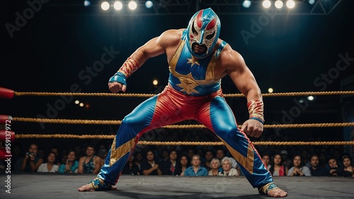 An adult Mexican wrestler, wearing a striking mask, stands in fighting position inside the ring.